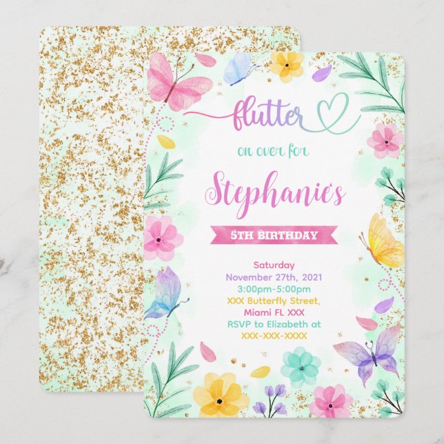 Convite de aniversário de borboleta (Frente/Verso)