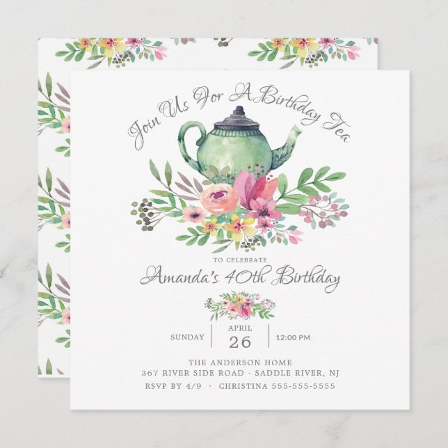 Convite de aniversário de bule floral de aquarela (Frente/Verso)