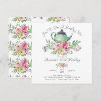 Convite de aniversário de bule floral de aquarela