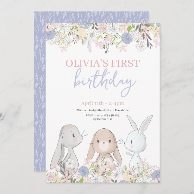 Convite de Aniversário de Bunnies Bonitos (Frente/Verso)