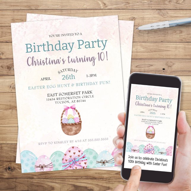 Convite de aniversário De Caça De Ovos De Páscoa C (cute easter egg hunt theme birthday party invitation for boy or girl with cute watercolor basket)