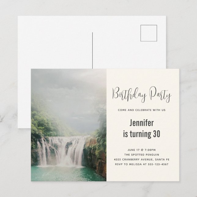 Convite de aniversário de cachoeira por uma flores (Frente/Verso)