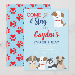 convite de aniversário de cachorrinho Azul Vermelh