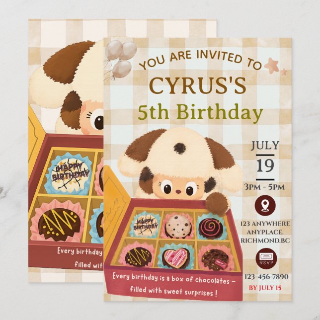 Convite de Aniversário de Cachorrinho de Chocolate (Frente/Verso)
