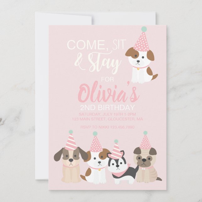 Convite de aniversário de cachorrinho Rosa (Frente)