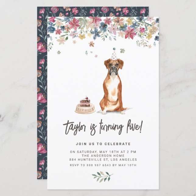 Convite de aniversário de Cachorro Boxer de Aquare (Frente/Verso)