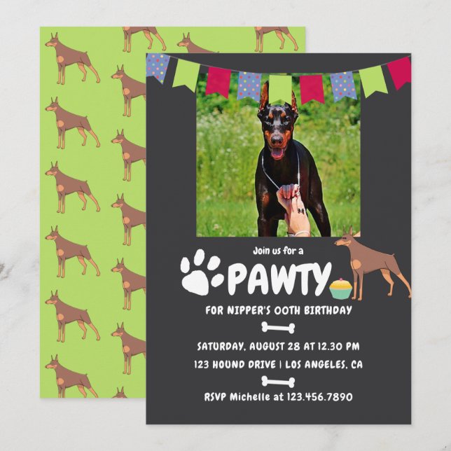Convite de aniversário de cachorro Doberman (Frente/Verso)