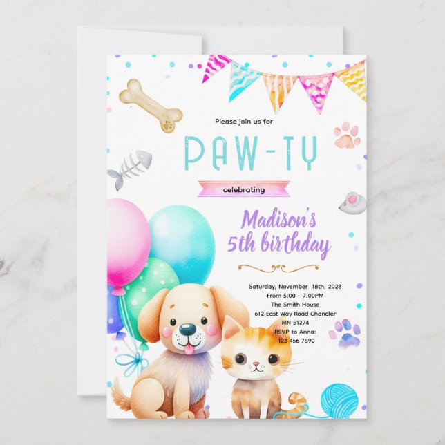 Convite de Aniversário de Cachorro e Gato (Frente)