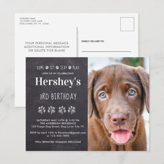 Convite de Aniversário de Cachorro Personalizado c (Frente/Verso)
