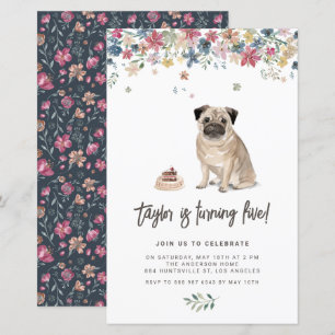 Convite de aniversário de Cachorro Pug Watercolor