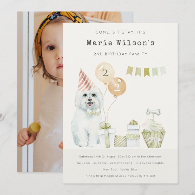 Convite de Aniversário de Cachorro Verde de Qualqu (Frente/Verso)