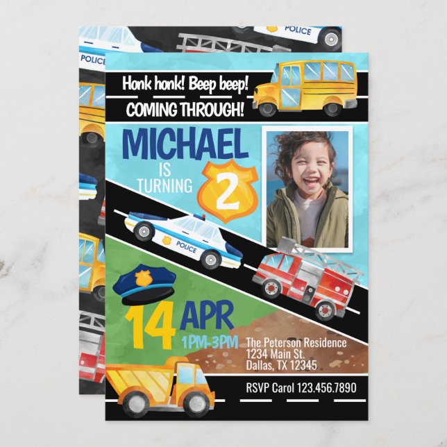 Convite de aniversário de Caminhão de Carro de Tra (Frente/Verso)