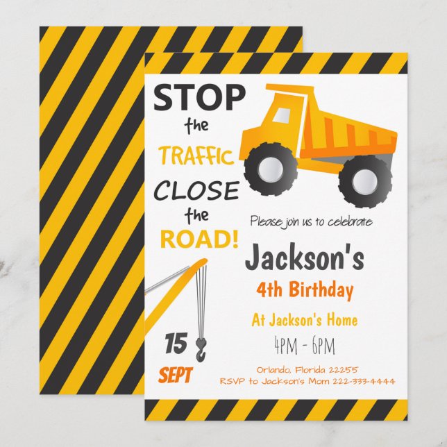 Convite de Aniversário de Caminhão de Construção (Frente/Verso)