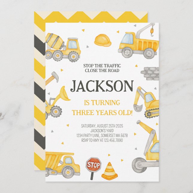 Convite de aniversário de Caminhão de Construção (Frente/Verso)
