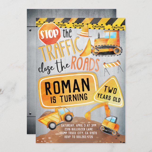 Convite de aniversário de Caminhão de Construção (Frente/Verso)