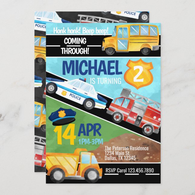 Convite de aniversário de Caminhão de Transporte (Frente/Verso)