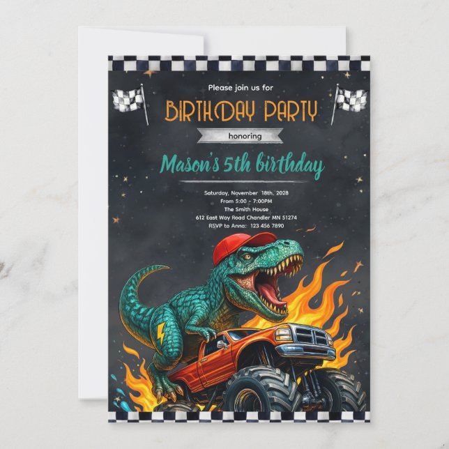 Convite de Aniversário de Caminhão Monstro Dinossa (Frente)