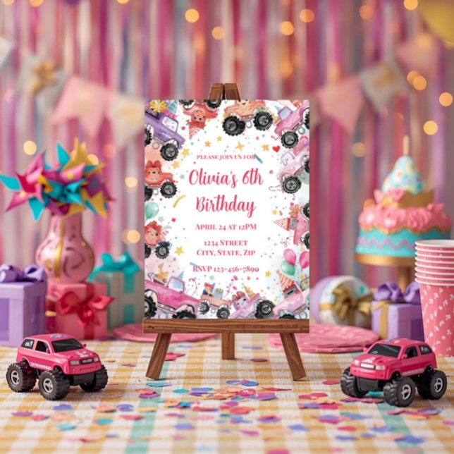 Convite de Aniversário de Caminhão Monstro Rosa pa (Criador carregado)