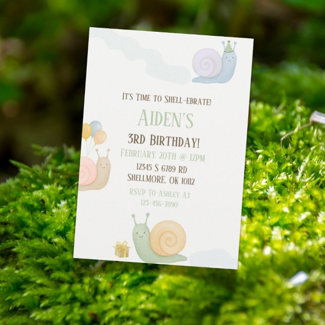 Convite de aniversário de Caracol (Snail-themed watercolor birthday invitation design with cute shell-ebration elements)