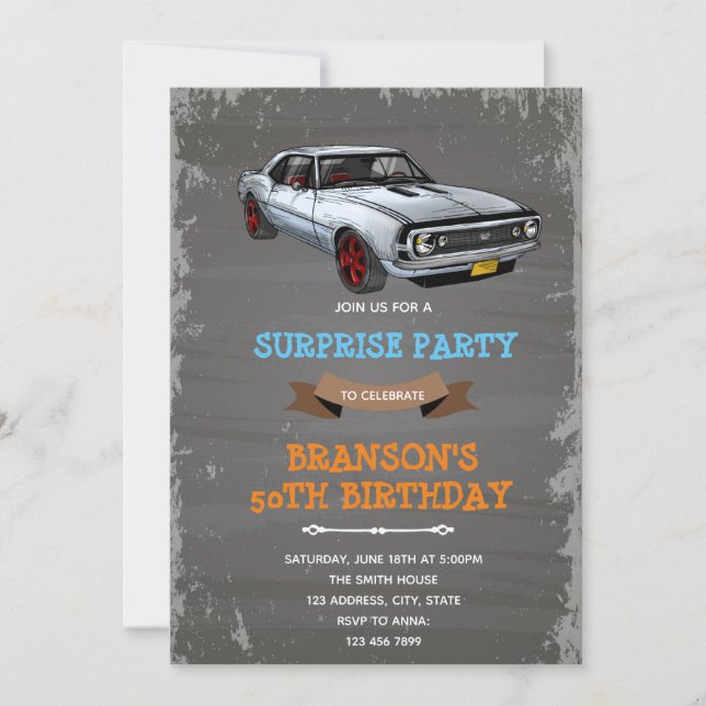 Convite de aniversário de carro camaro retrô (Frente)