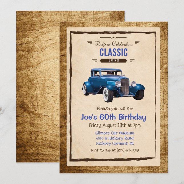 Convite de Aniversário de Carro Clássico Antigo pa (Frente/Verso)