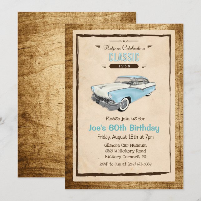 Convite de Aniversário de Carro Clássico Antigo pa (Frente/Verso)
