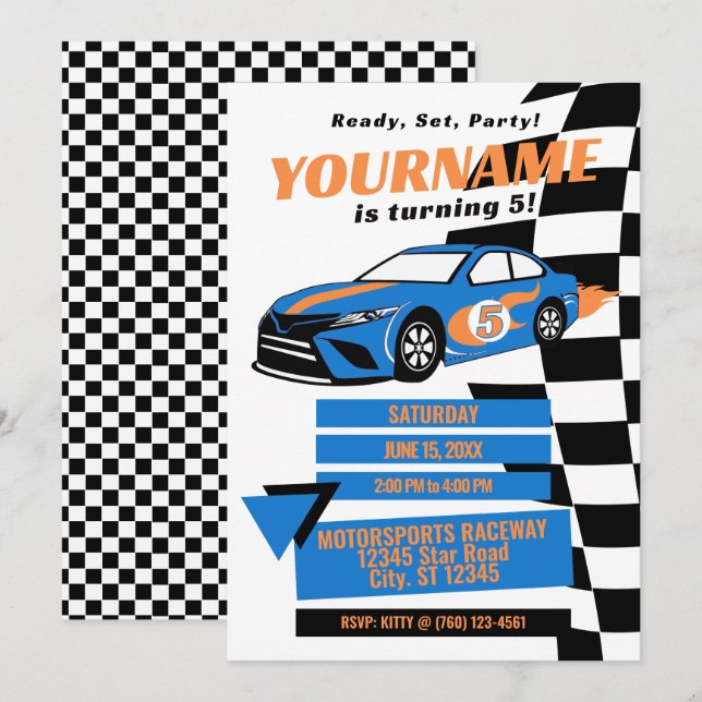 Convite de Aniversário de Carro de Corrida (Azul) (Frente/Verso)
