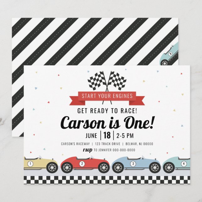 Convite de Aniversário de Carro de Corrida Retro C (Frente/Verso)