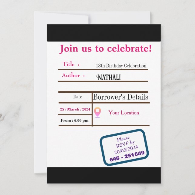 Convite de aniversário de cartão de biblioteca (Frente)