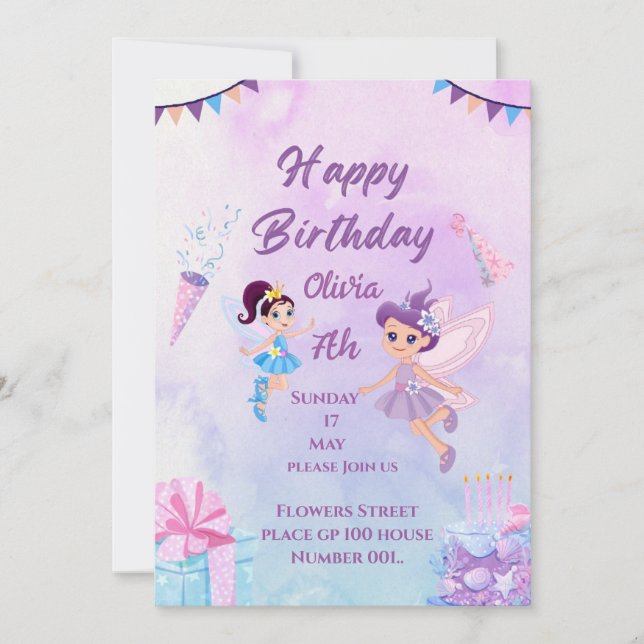 Convite de aniversário de cartão de meninas fadas  (Frente)
