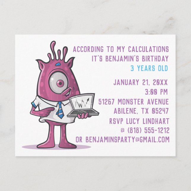 Convite de aniversário de cartão postal monster (Frente)