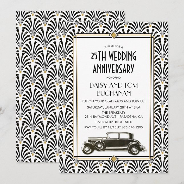 Convite de Aniversário de Casamento Art Deco Gatsb (Frente/Verso)