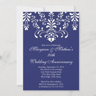 Convite de Aniversário de Casamento Azul Damask El