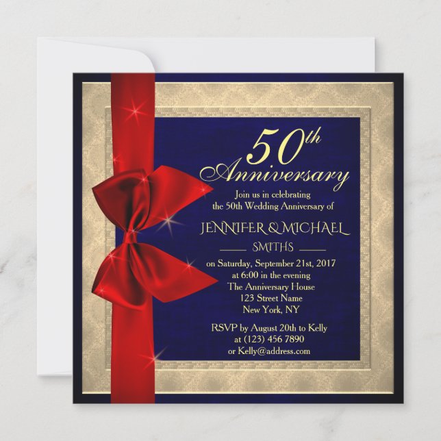Convite de aniversário de casamento azul real eleg (Frente)