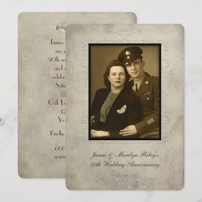 Convite de aniversário de casamento com tema vinta (Frente/Verso)