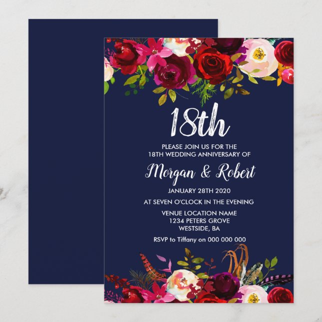 Convite de Aniversário de Casamento de 18 Anos Flo (Frente/Verso)