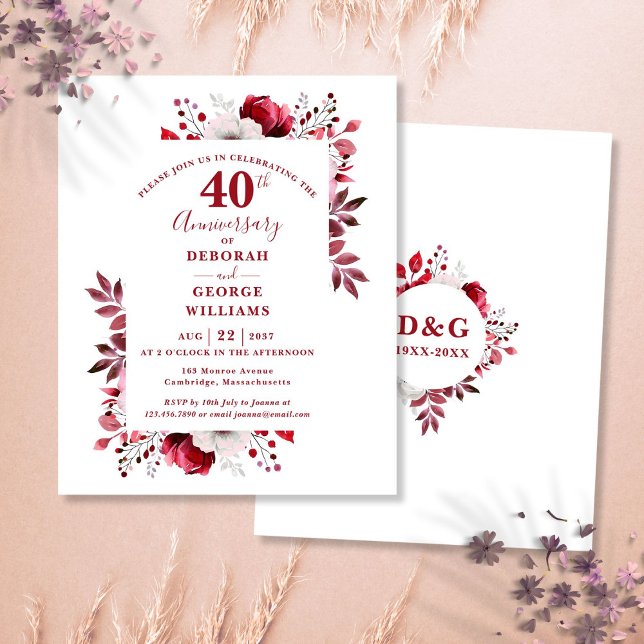 Convite de Aniversário de Casamento de 40 Anos em  (Budget Ruby 40th Wedding Anniversary Invitation)