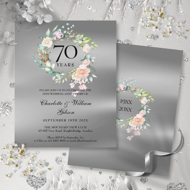 Convite de Aniversário de Casamento de 70 anos Orç (Budget Floral 70th Anniversary Invitation)