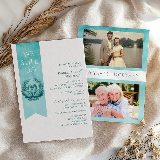 Convite de aniversário de casamento de fotos lacri (Teal Romantic Invite)