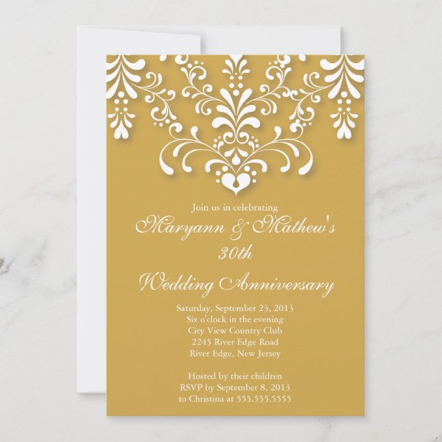 Convite de Aniversário de Casamento Dourado Damask (Frente)