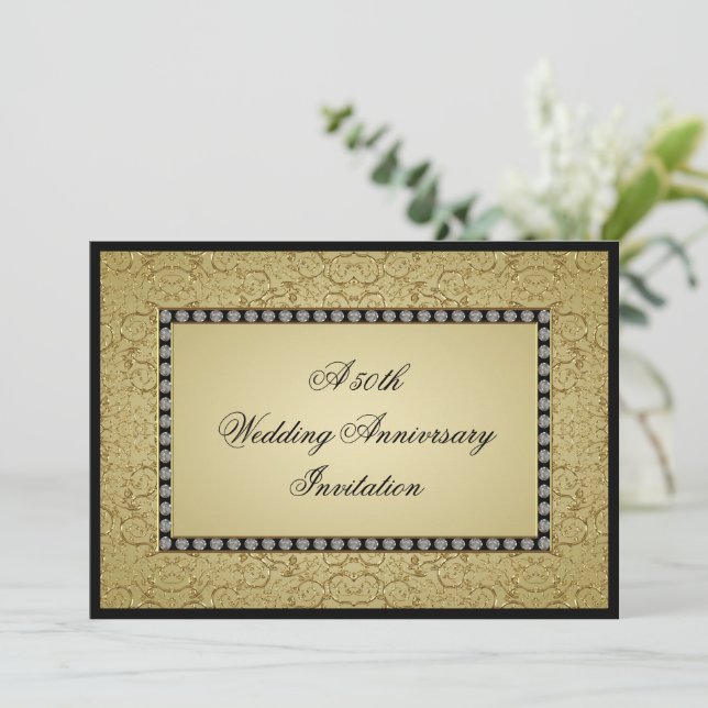 Convite de Aniversário de Casamento Dourado Flouri (Em pé/Frente)