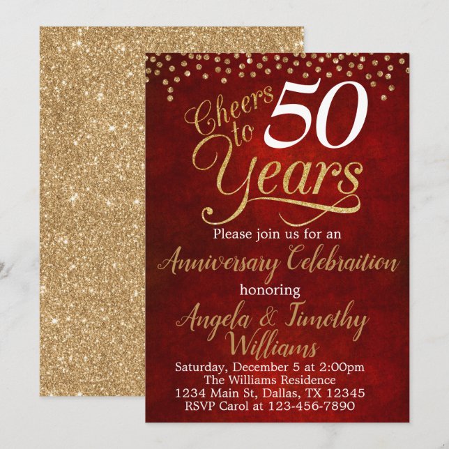 Convite de Aniversário de Casamento em Dourado Rub (Frente/Verso)