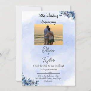 Convite de Aniversário de Casamento Floral Azul Cl