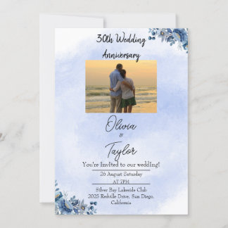 Convite de Aniversário de Casamento Floral Azul Cl