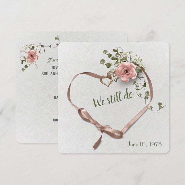 convite de aniversário de casamento rosa e hera (Frente/Verso)