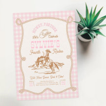 Convite de Aniversário de Caubói Rosa Xadrez