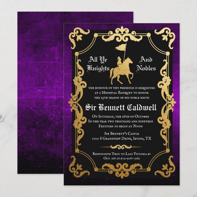 Convite de Aniversário de Cavaleiro Medieval Joust (Frente/Verso)