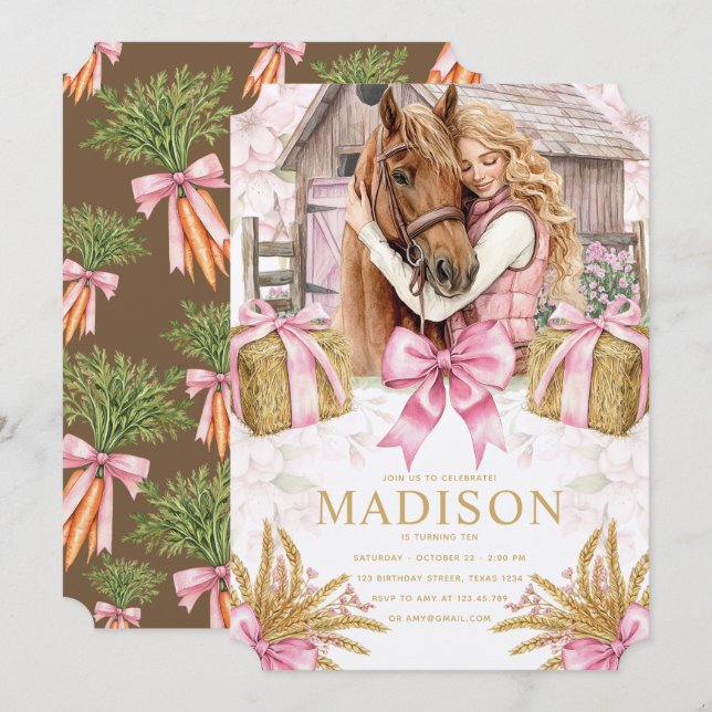 Convite de Aniversário de Cavalo Blush Barn com Me (Frente/Verso)