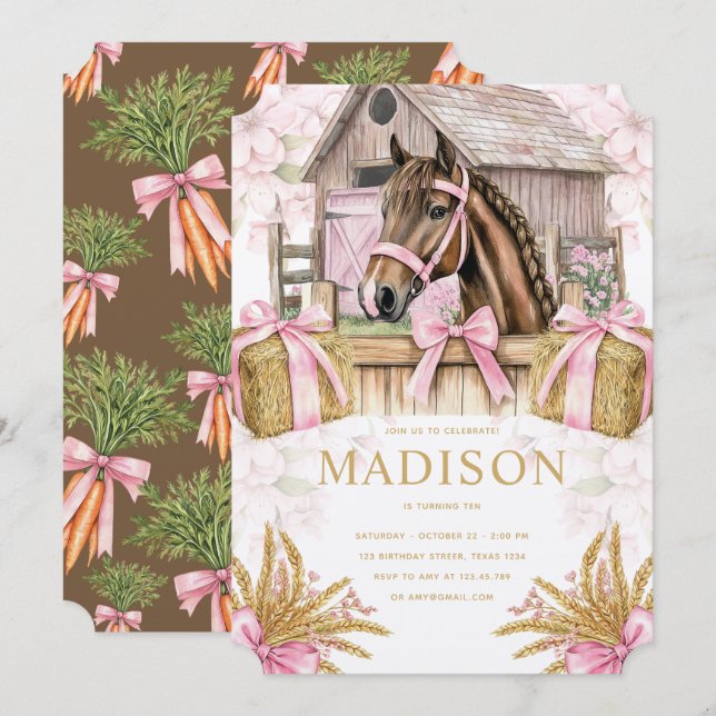 Convite de aniversário de cavalo Blush Barn para m (Frente/Verso)