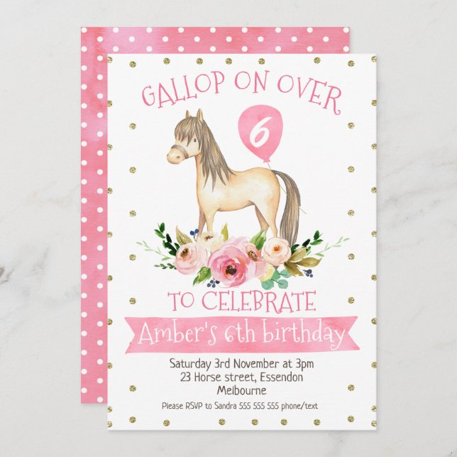 Convite de aniversário de Cavalo Floral (Frente/Verso)